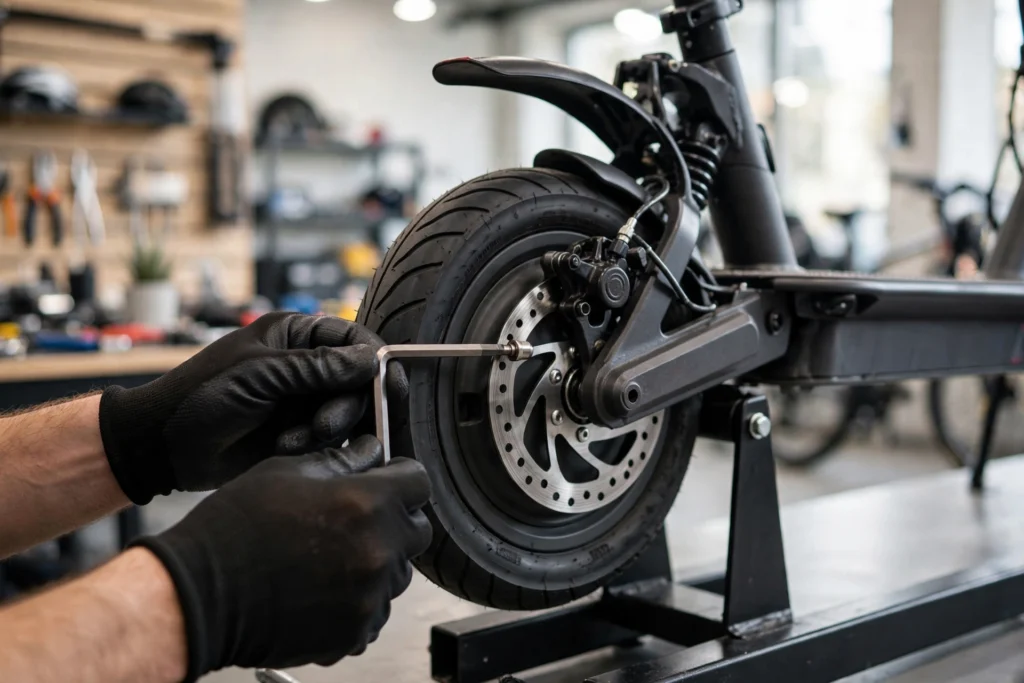E-Scooter Bremse einstellen in Mannheim – Mechaniker justiert die Scheibenbremse am Hinterrad in der Werkstatt