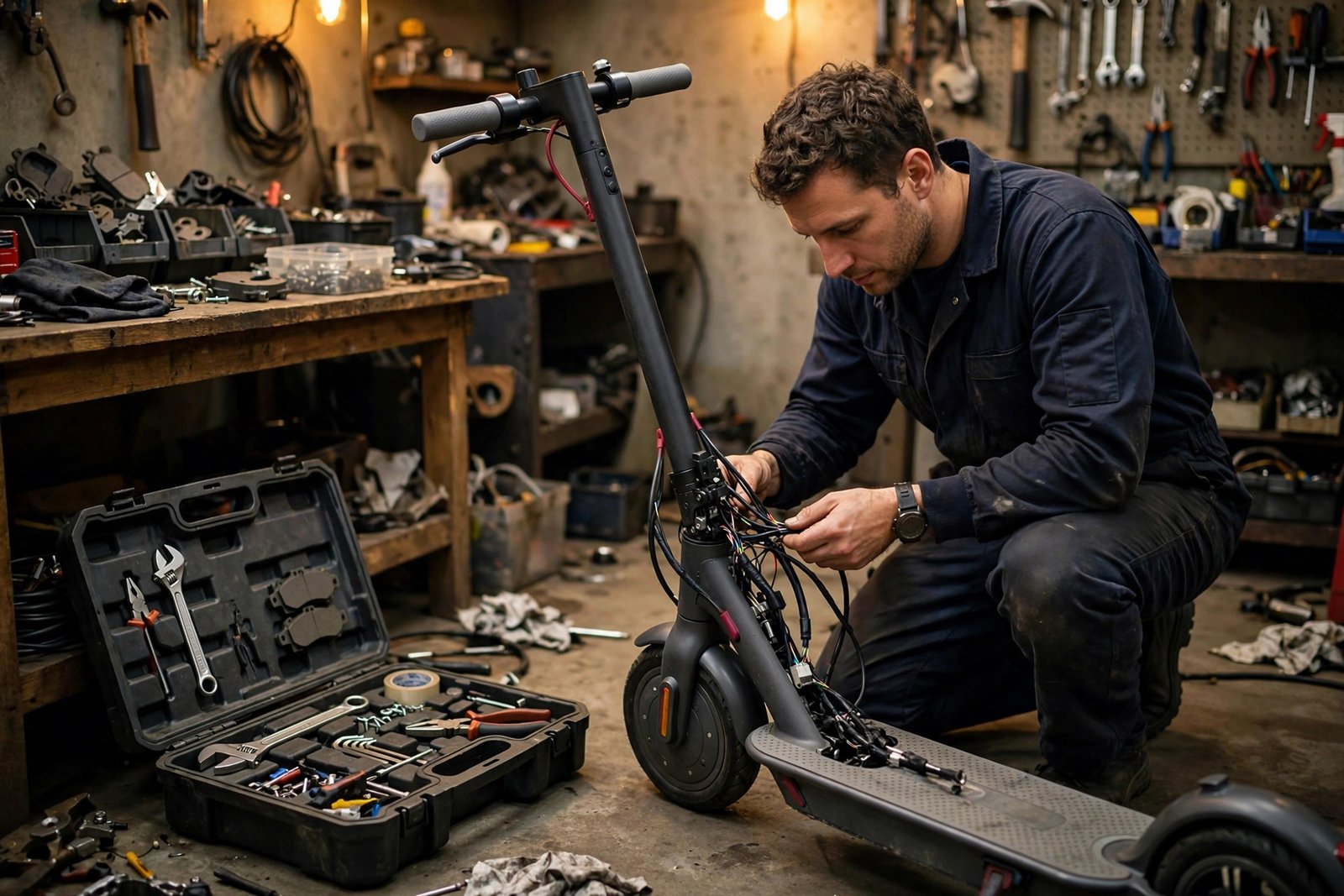 E-Scooter Display Defekt in Mannheim – Mechaniker prüft die Kabelverbindungen am Lenkrohr