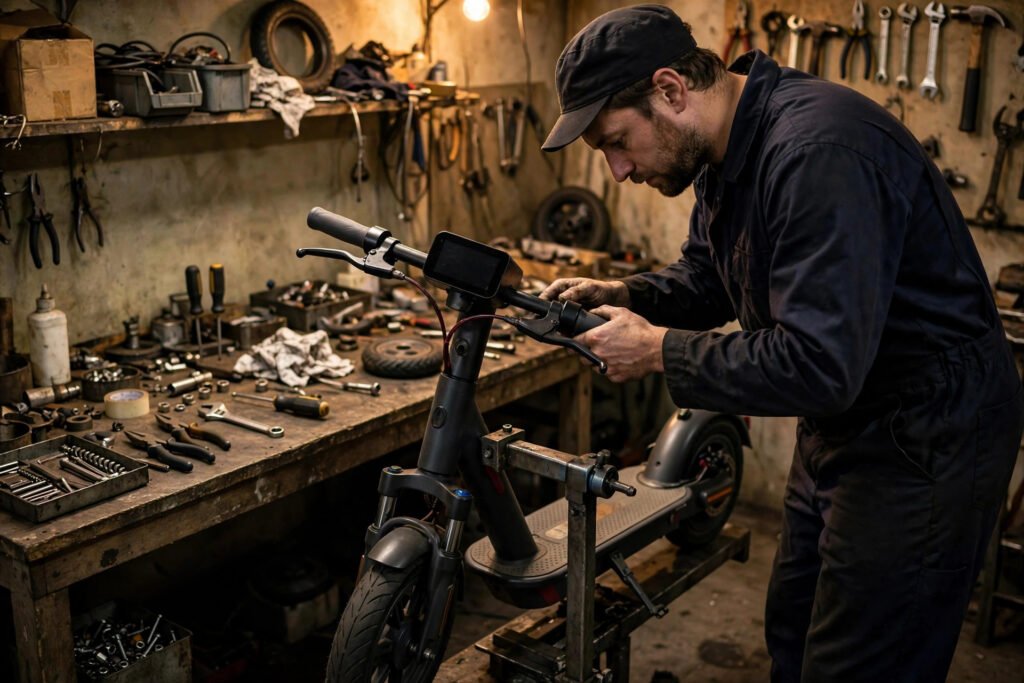 E-Scooter Display defekt in Mannheim – Mechaniker prüft die Display-Einheit am Lenker in der Werkstatt