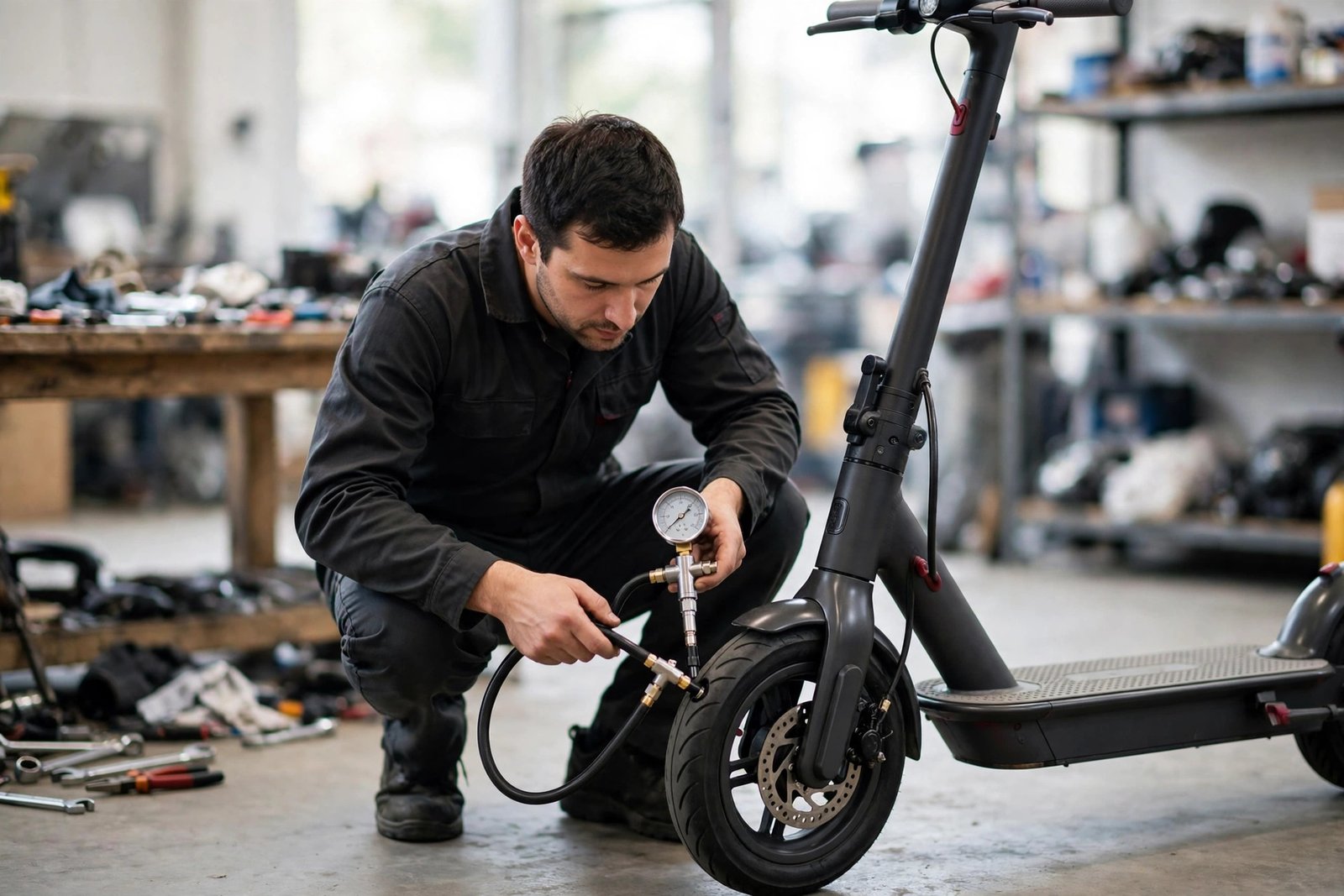 E-Scooter Reifen Prüfung in Mannheim – Mechaniker kontrolliert den Reifendruck am Vorderrad