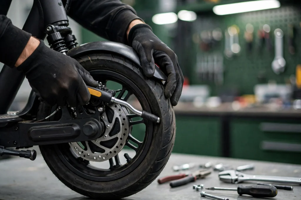 E-Scooter Reifenwechsel in Mannheim – Techniker wechselt den Reifen in der Werkstatt