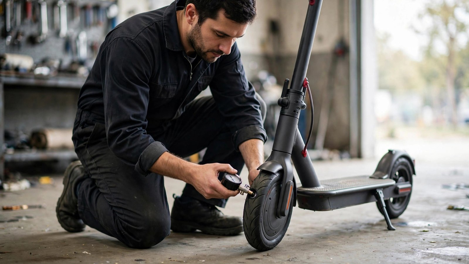 E-Scooter Wintercheck in Mannheim – Reifendruck am Vorderrad prüfen