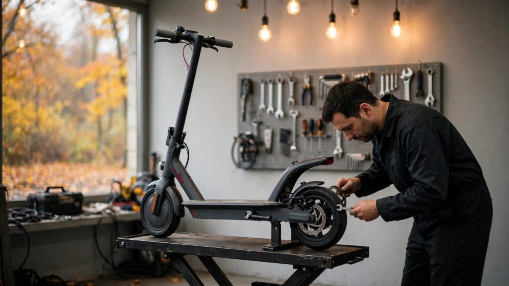 E-Scooter winterfest machen in Mannheim – Mechaniker beim Wintercheck in der Werkstatt