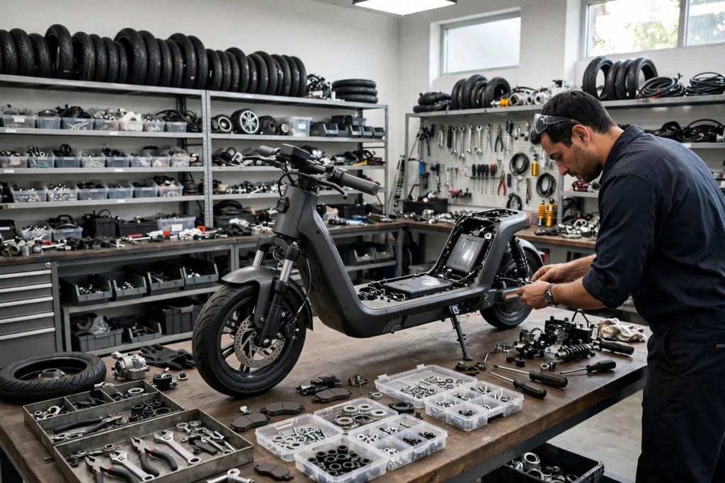 E-Scooter Inspektion in der Werkstatt in Mannheim – Mechaniker prüft E-Scooter