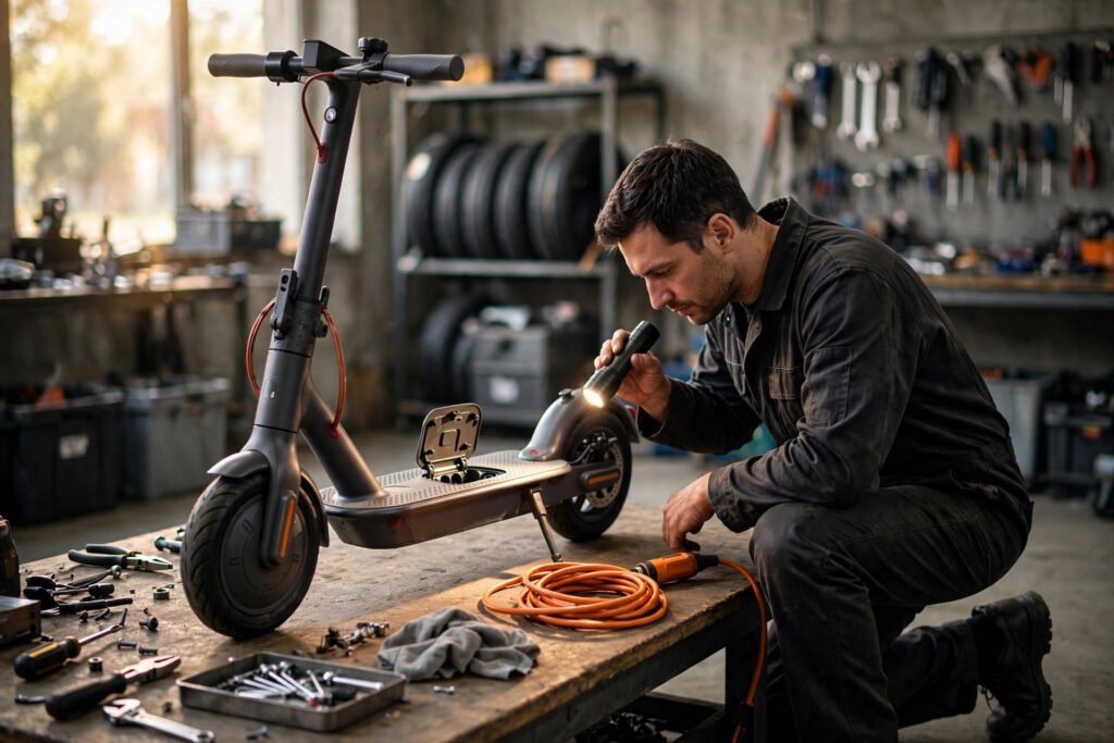 E-Scooter lädt nicht in Mannheim – Mechaniker prüft den Ladeanschluss in der Werkstatt