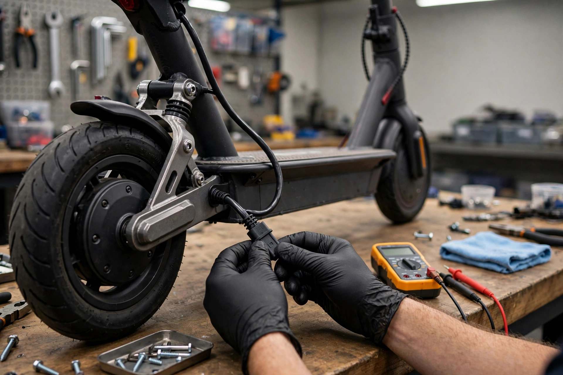 E-Scooter Motor defekt in Mannheim – Kabel und Stecker am Hinterrad prüfen
